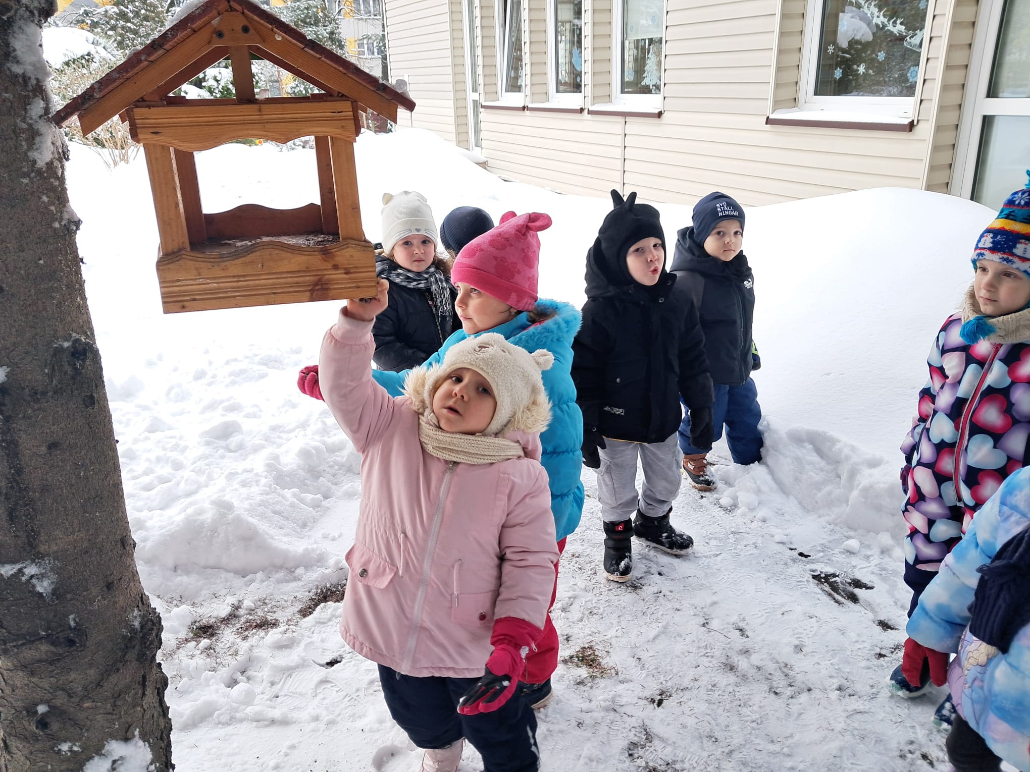 W okresie zimowym trudno znaleźć ptakom pożywienie dlatego przedszkolaki założyły w ogrodzie ,,ptasią stołówkę”. Do karmnika dzieci systematycznie dosypują ziarna i nasiona. Mają przy tym okazję obserwować skrzydlatych przyjaciół. &nbsp;